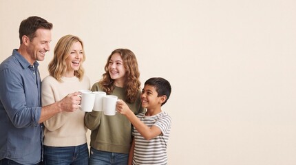 Obraz premium A happy family of four, including a father, mother, daughter, and son, holding white ad social media download thambnail poster web template event festival 2026 2027 2028