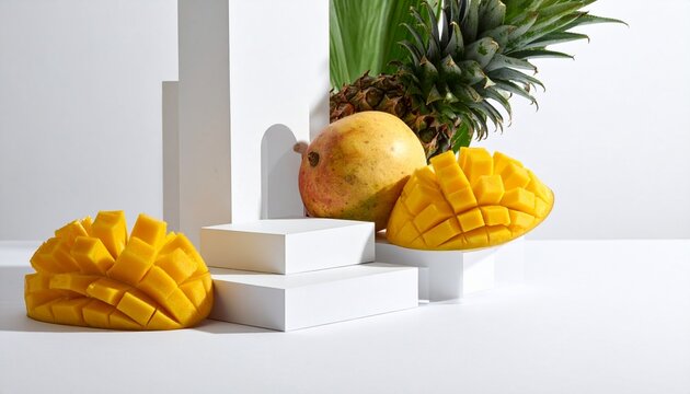 Tropical Mango and Pineapple Still Life Composition with Geometric Architectural Elements and Minimalist White Display Platforms