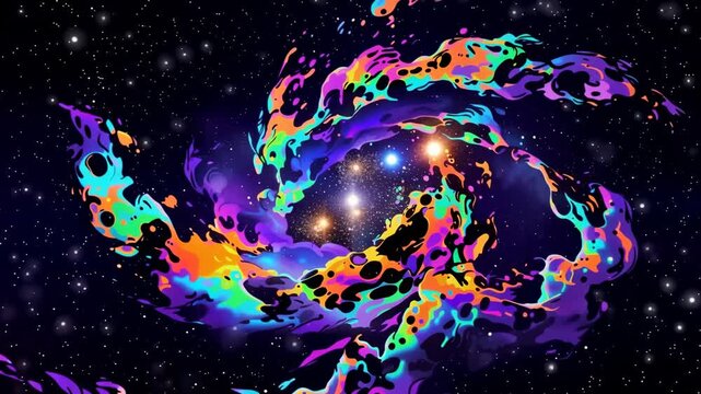 Colorful abstract galaxy swirl with vibrant hues of purple, blue, and orange, showcasing a dynamic cosmic scene filled with stars and swirling energy in a dark space background