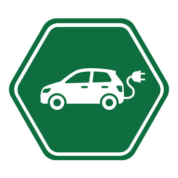 Electric car charging station icon symbol green hexagon sign for eco friendly EV transport. EPS Editable