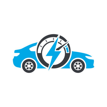 Electric car logo icon with fast charging lightning bolt and speedometer gauge vector illustration. EPS Editable