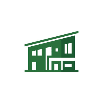 Green modern house logo icon representing sustainable real estate architecture and residential property design. EPS Editable
