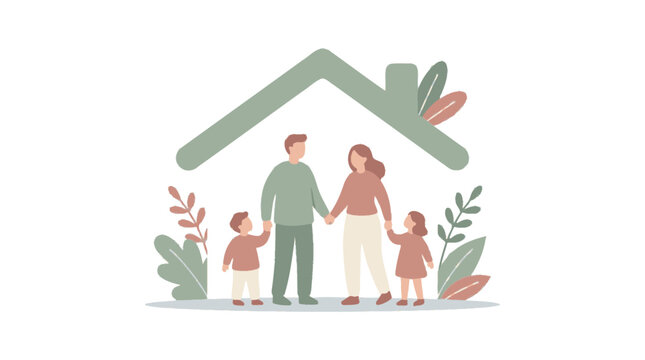 happy family standing together under roof icon for home insurance and safety concept vector illustration. EPS Editable