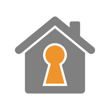 Minimalist house icon with orange keyhole key lock symbol for real estate home security vector concept. EPS Editable