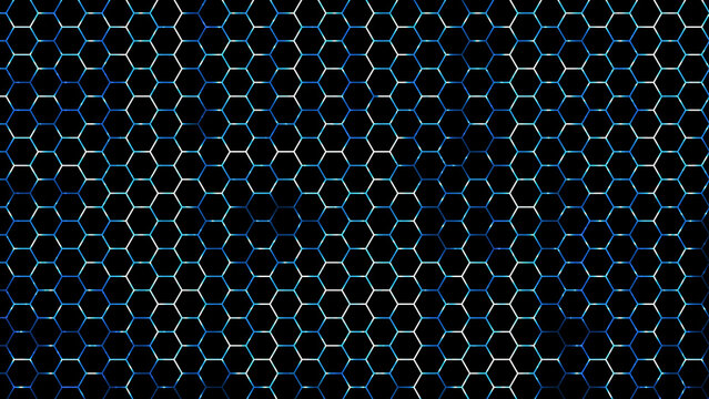 Abstract blue and white glowing hexagonal grid pattern on black background image photo