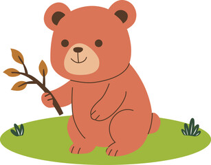 Cute brown bear cub holding a tree branch cartoon character © Mufid Kamil