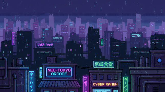 2D side scrolling platformer game background of cyberpunk city rooftops at night