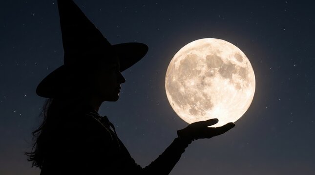 Lone witch silhouette cradling the full moon against a starlit sky