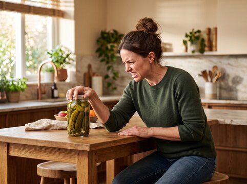 Woman struggling to open a jar of pickles in her home kitchen