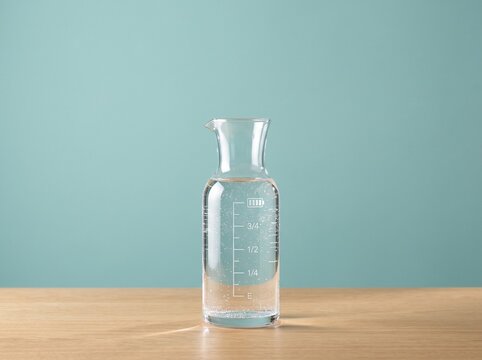 Clear glass carafe with water measurements on a wooden table