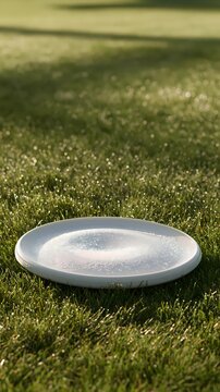 White flying disc frisbee lying on green lawn grass close up