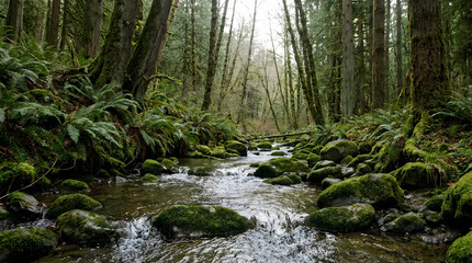 Fototapeta premium Forest Stream Winding Through Dense Evergreen Trees, Mossy Rocks and Lush Ferns Featuring Moss, Water