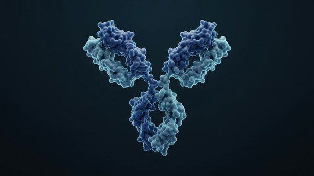 High-detail 3D antibody molecule visualization with a recognizable Y-shaped immunoglobulin structure, isolated on a dark background for immunology, medicine, biotechnology, and pharmaceutical research