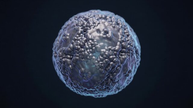 Futuristic 3D nanoparticle with a detailed spherical nanoscale surface, isolated against a dark background for nanotechnology, medicine, materials science, biotechnology, and research.
