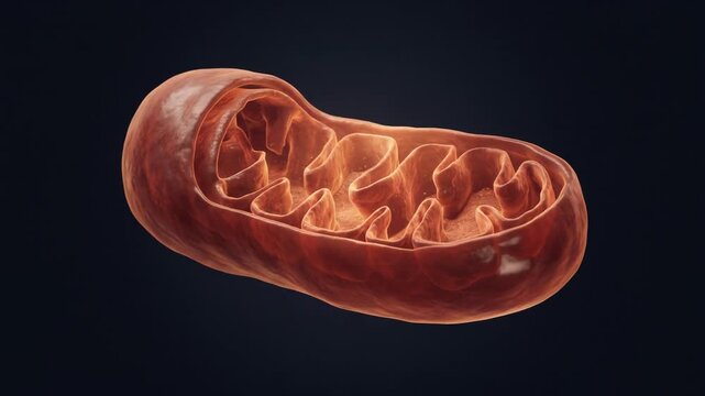 Detailed 3D mitochondrion visualization showing the double membrane and folded inner cristae, isolated against a dark background for cellular biology, medicine, energy, and research.