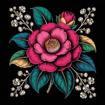 Beautiful vintage style floral vector illustration featuring pink camellia and white blossoms against a dark background
