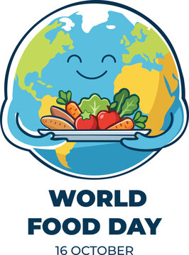 World Food Day JPG vector illustration featuring a happy smiling globe character holding a platter of fresh organic vegetables and bread.