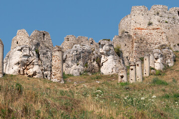 spis castle ruins stone wall battlements medieval fortress slovakia clear blue sky grassy hillside historic landmark concept of travel, history, tourism © Lana Pietukhova