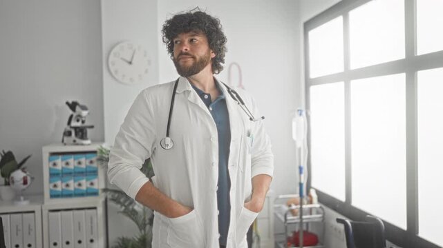 Man doctor with stethoscope rolls sleeves exposing forearms and folds arms beside window and equipment in a medical building; professional confidence.