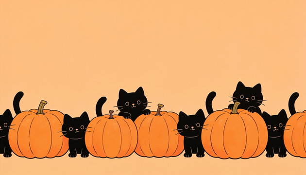 Black cat halloween banner, playful kitten pumpkin border pattern, autumn harvest festival background art, minimalist feline orange wallpaper, spooky season decorative design vector layout.
