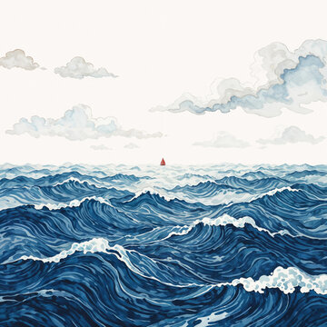 Watercolor Wavy Ocean Landscape with Small Red Sailboat