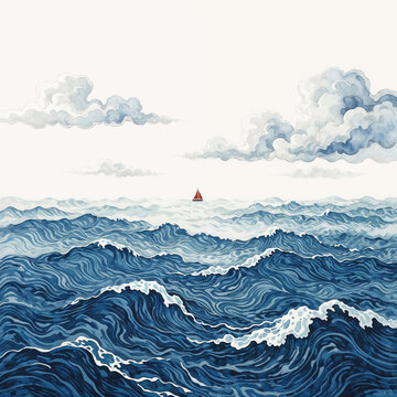Watercolor Wavy Ocean Landscape with Small Red Sailboat