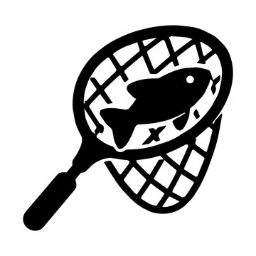 Fish in a landing net icon, simple black silhouette vector illustration for fishing design