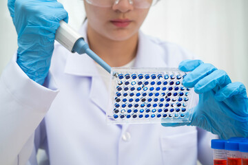 Scientist with cell culture in sample micro plate for research in science laboratory.