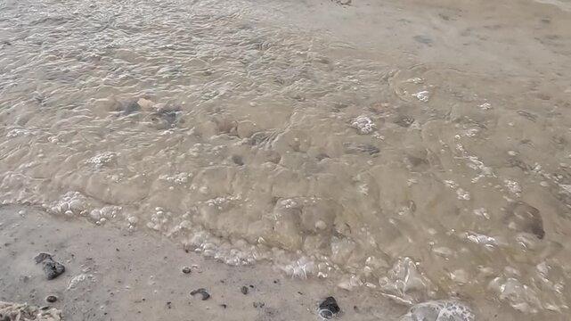 A gentle wave washes over a sandy beach scattered with small pebbles and shells, foam spreading forward then receding steadily across the wet shore under natural daylight.