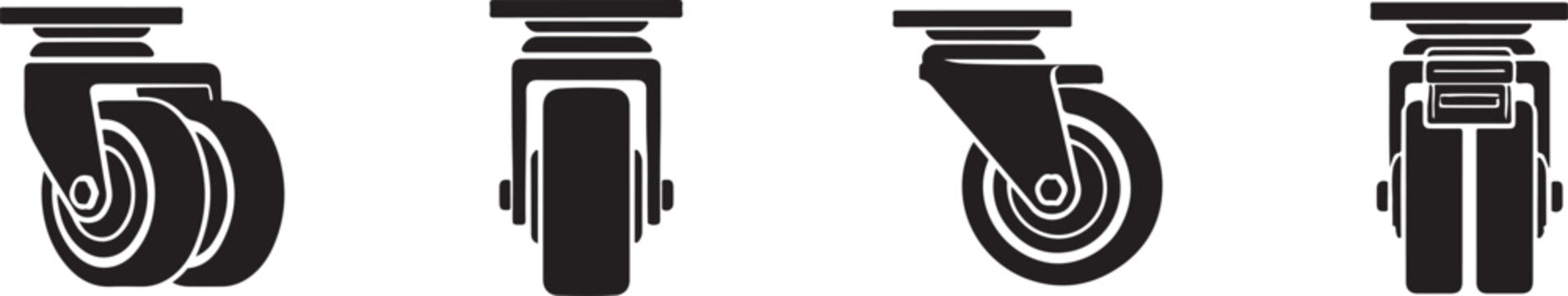 Four caster wheel views showing rolling function and mechanical movement in bold silhouette vector design.