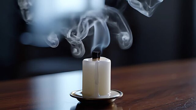 Extinguished white wax candle emitting thin trail of gray smoke on table