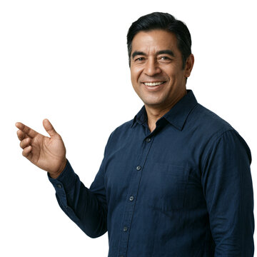 Manager, retail, portrait, 48 year old Latino man in navy shirt gesturing isolated on a transparent background with copy space