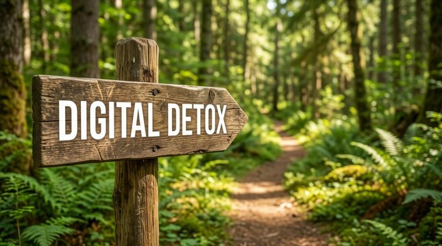 A rustic wooden sign with 'Digital Detox' points beside a lush, sunlit forest trail.