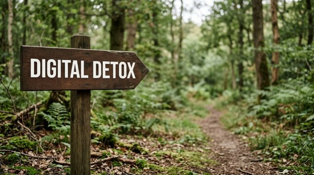 A wooden sign reading 'Digital Detox' points into a tranquil forest, suggesting a retreat from technology.
