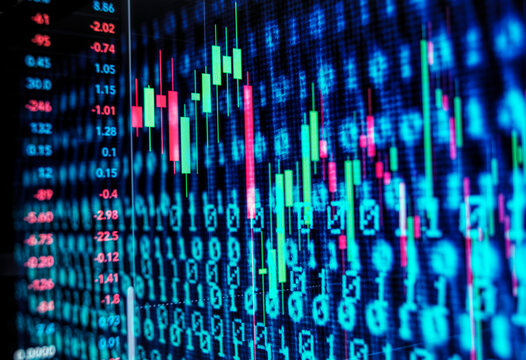 Digital screen displays financial stock market graph and binary data