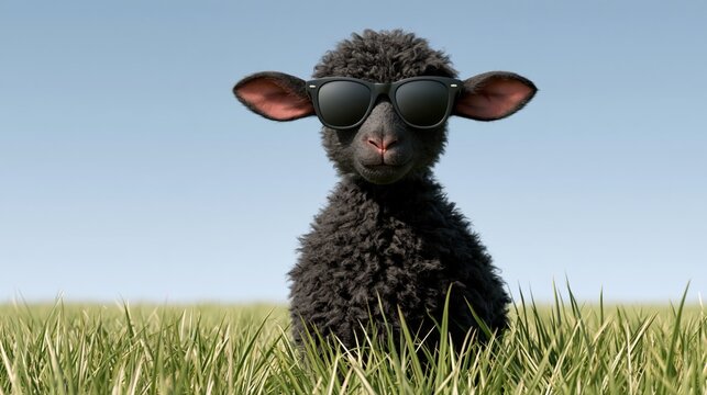 Black sheep with sunglasses in field