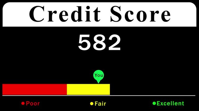 Credit score rating illustration displaying a score of 582 with a &ldquo;Fair&rdquo; rating indicator and color-coded scale from poor to excellent.