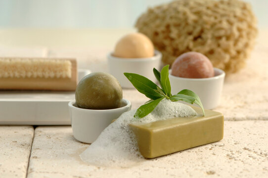 Different soaps with nail brush and sponge