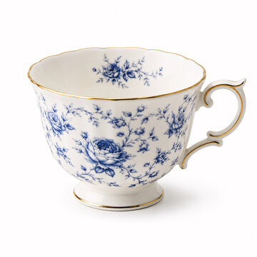 A beautiful blue and white floral teacup with gold trim.