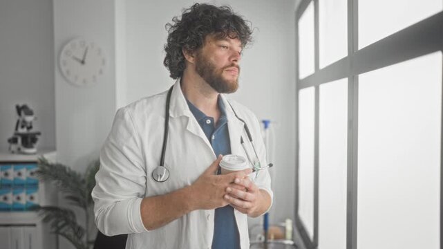 Man doctor with stethoscope holding a takeaway coffee cup and looking out window in medical office building; quiet contemplation calm.