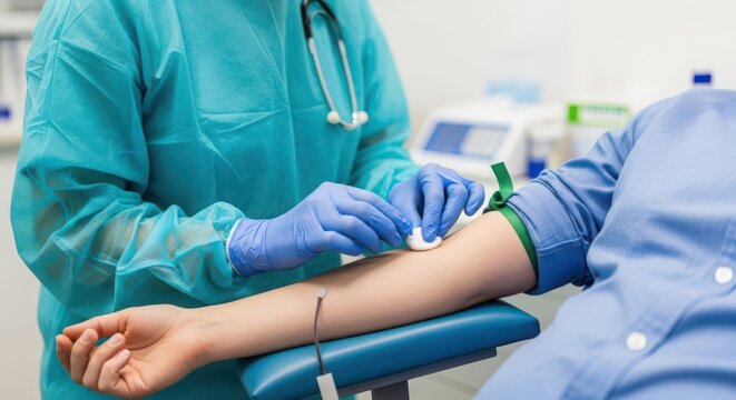Phlebotomist Performing Blood Draw on Patient's Arm with Stethoscope and Medical Gear