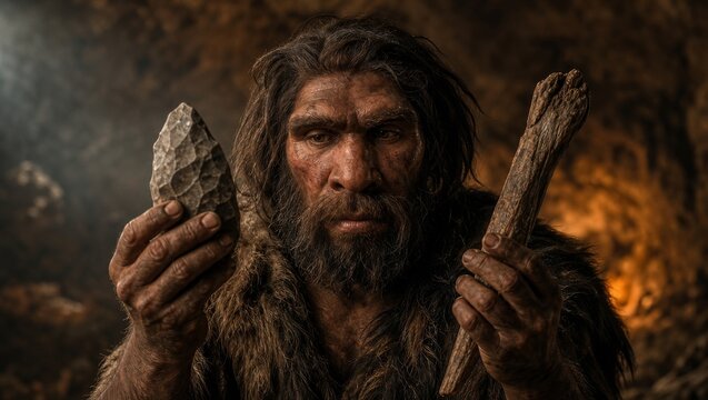 Caveman holding stone tool and wooden stick in cave. Prehistoric primitive man with beard and fur pelt near fire. Human evolution, stone age survival and ancient history concept.