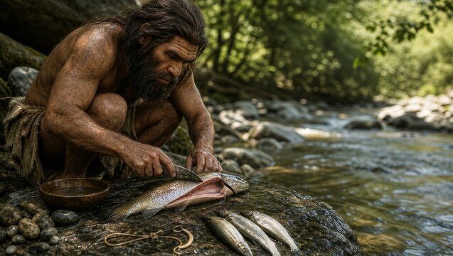 Prehistoric caveman cleaning caught fish with stone knife on rock by river in forest. Stone age man preparing food. Survival, primitive hunting and ancient human lifestyle concept.