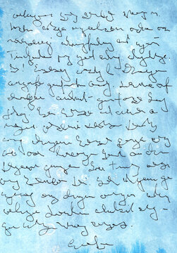 Unreadable cursive handwriting on blue watercolor background