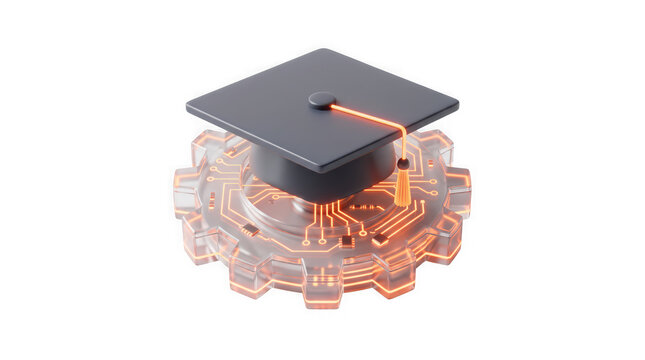 A black graduation cap resting on a transparent gear wheel with glowing orange circuit patterns with featuring illuminated orange circuits white background sits atop glass intelligence engineering