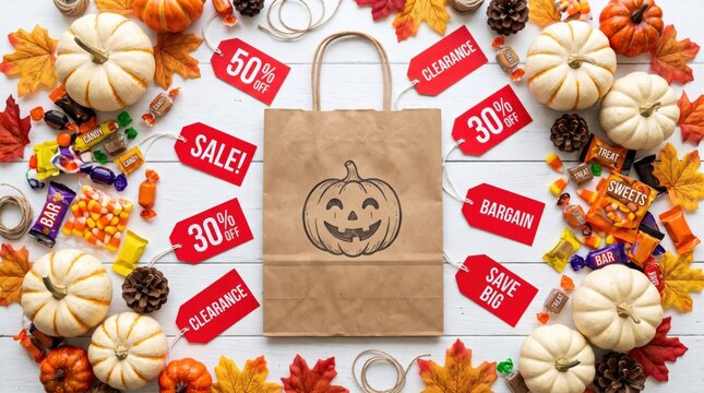 Brown paper bag with a jack-o'-lantern face surrounded by white pumpkins, autumn leaves, candy, pine cones, and red sale tags on a white wooden surface.