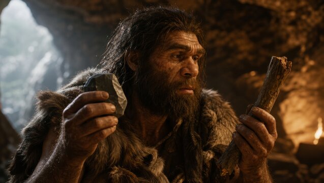 Caveman holding stone tool and wooden stick in prehistoric cave. Primitive man thinking about making fire. Evolution of humanity, survival and ancient history concept for educational and science use