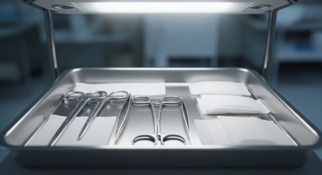 Sterilized Surgical Instruments Arranged in a Medical Tray Ready for Procedure