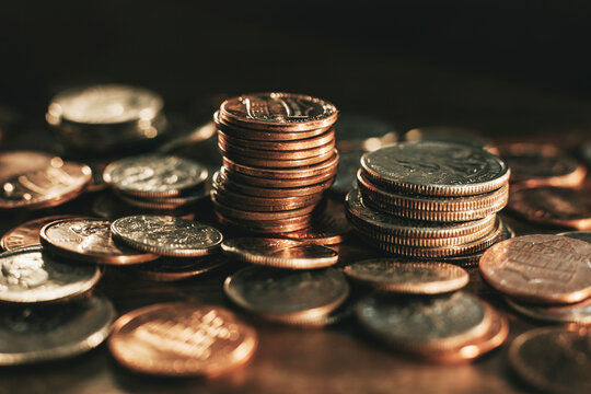 Heap and stacks of coins
