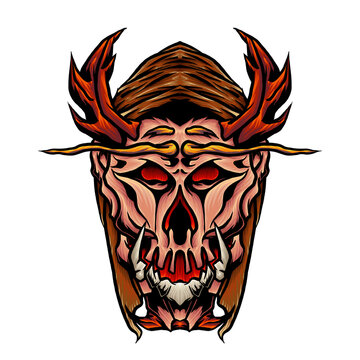 Horned demon skull monster vector illustration for mascot logo or merchandise design